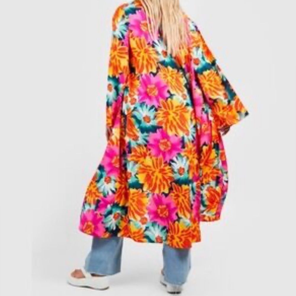 Boohoo pink, yellow Floral Maxi lightweight Kimono Bell Sleeves in women’s Sz 14 - Picture 6 of 6